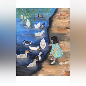 Original Painting of Child Feeding Ducks